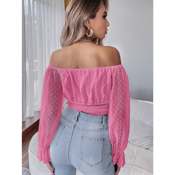 Swiss Dot Tie Front Crop Top long sleeve blouse boho white - Picture 4 of 11